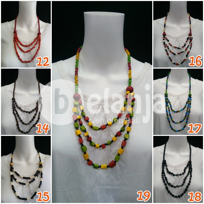 Kalung Tali Kayu Kotak Kecil 3 baris (ext) / kalung kayu vintage oleh oleh bali