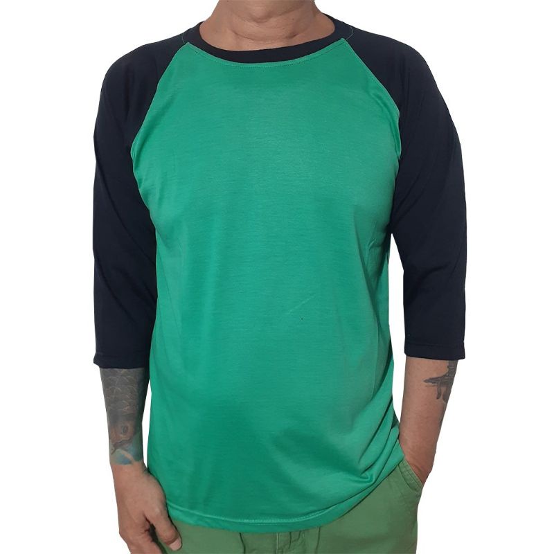 kaos raglan pria wanita 3/4 - hijau tosca tangan hitam