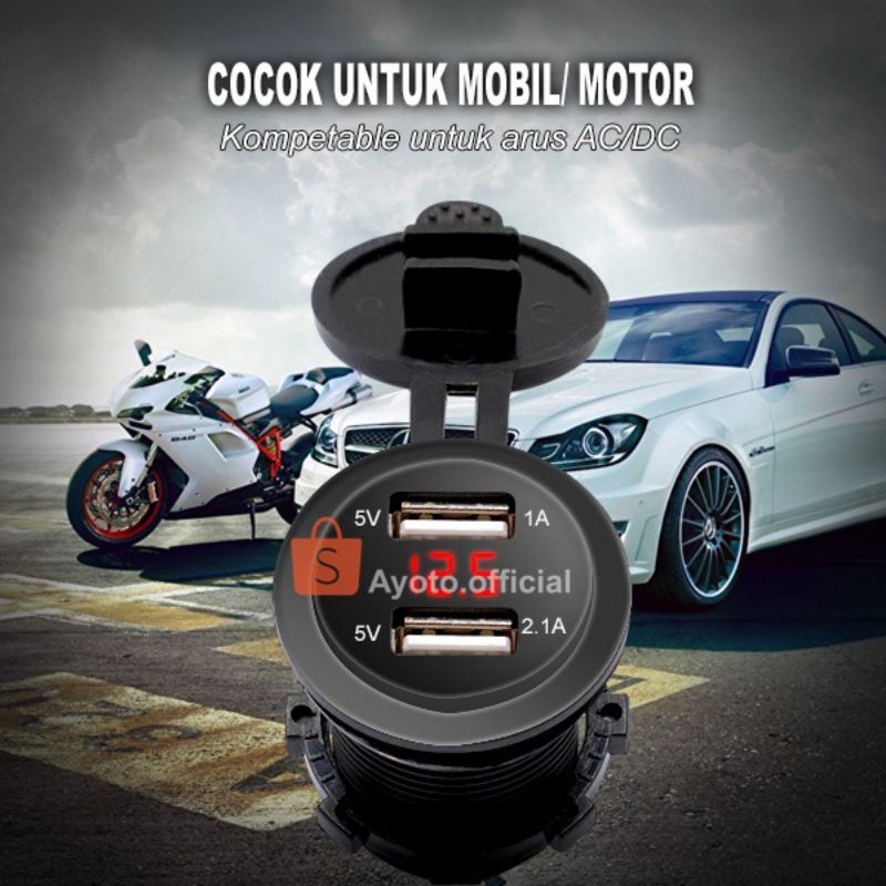 0Charger Motor Mobil AYOTO Dual USB Voltmeter LED Digital Waterproof motor/mobil