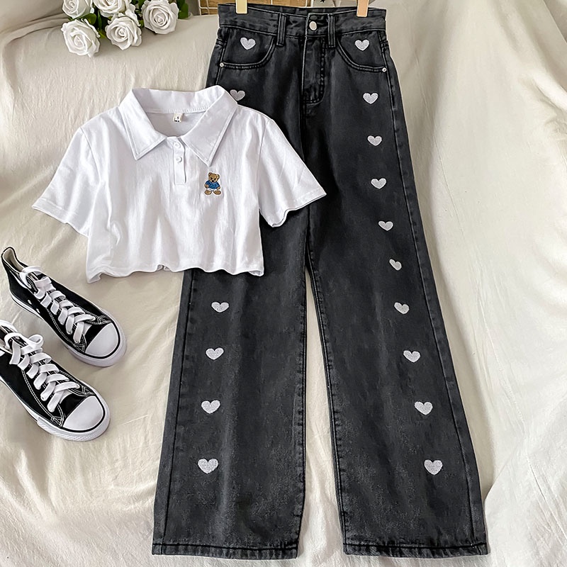 Celana Highwaist Kulot Jeans Wanita - Boyfriend Love Bordir Celana Denim Import（realpict）