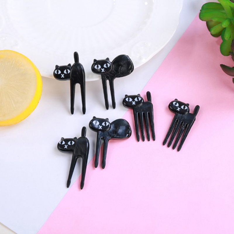 6 Pcs Garpu Buah Desain Kucing Hitam Untuk Dekorasi dessert