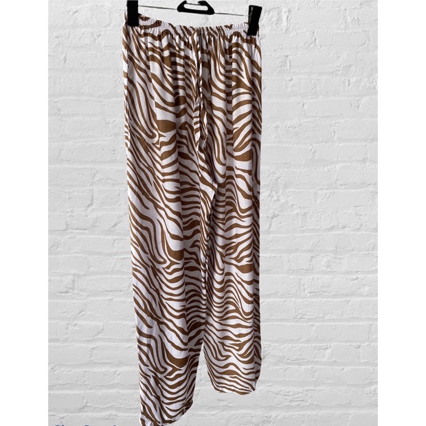 CELANA KULOT PANJANG WANITA TALI POLOS & MOTIF A031-Putih coklat zebra