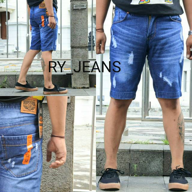  Celana  Jeans  pendek pria  jeans  sobek  biru streeth Shopee  