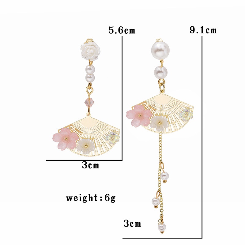 Anting Stud Rumbai Panjang Bentuk Kipas Kupu-Kupu Bunga Aksen Mutiara Berlian Untuk Wanita