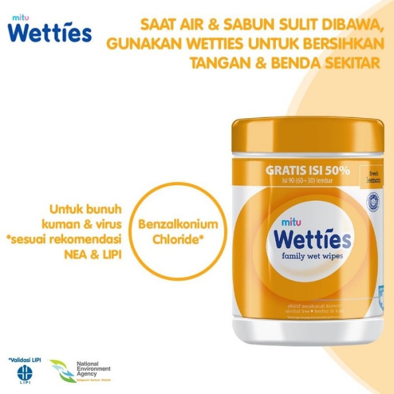 Mitu Wetties Tisu Tissue Basah Antiseptic Anti Bakteri Botol Bottle 90 s - Fresh Lemon