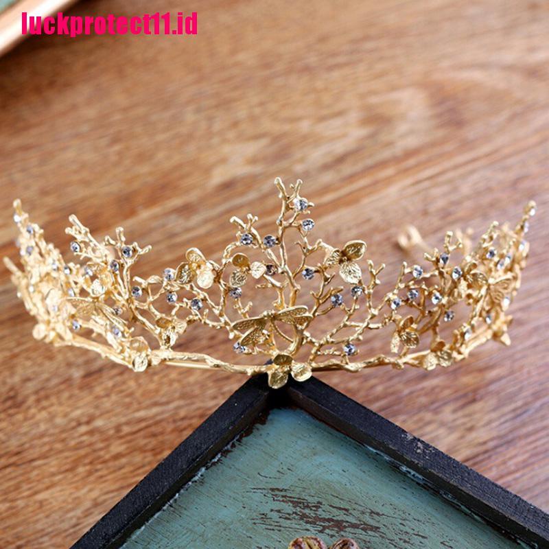 (LUCK) Mahkota / Tiara Wanita Warna Gold Desain Capung + Mutiara + Berlian Imitasi Untuk Pernikahan / Pesta