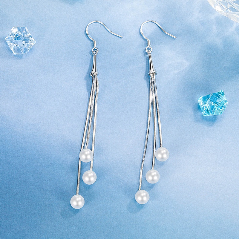 Anting Rantai Panjang Warna Silver Aksen Moonstone Gaya Korea Untuk Wanita