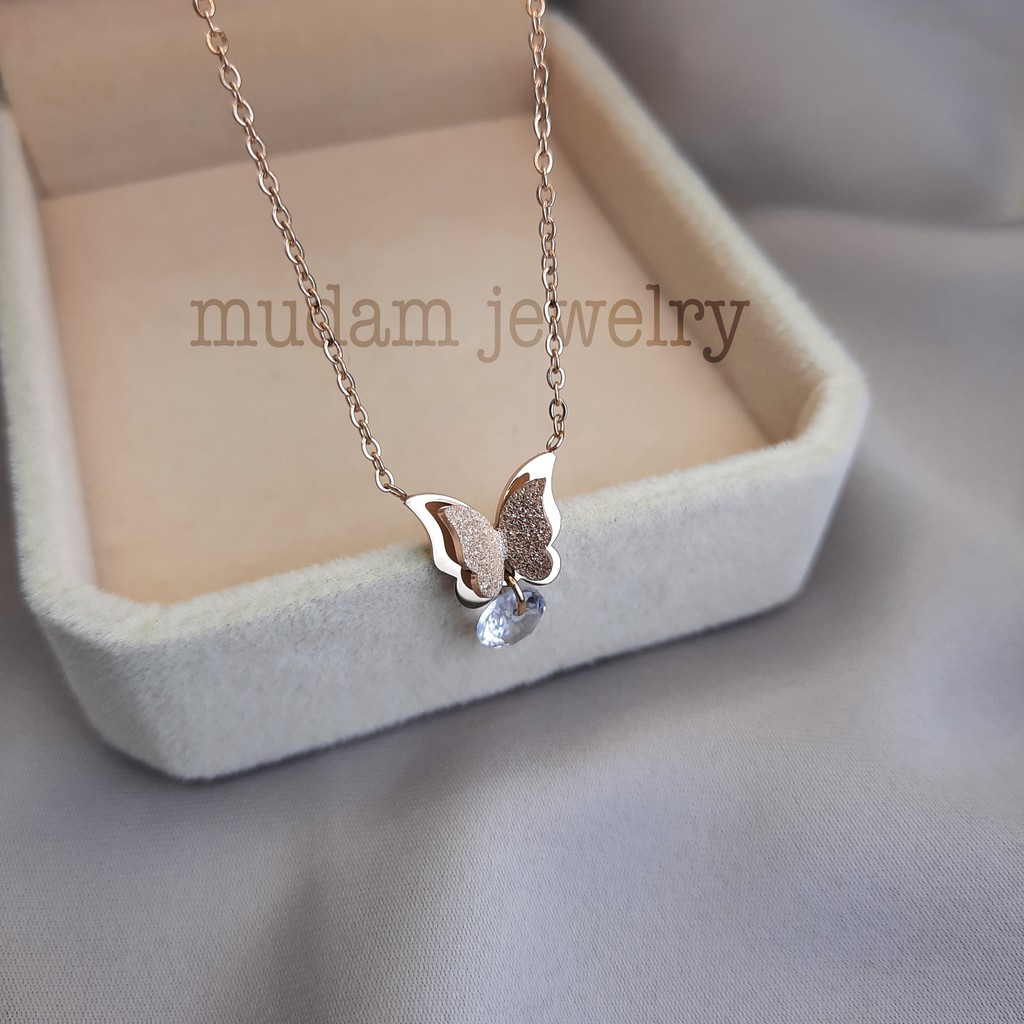 Kalung Titanium Kupu-Kupu Diamond Gantung Tersedia Warna Rosegold, Gold dan Silver