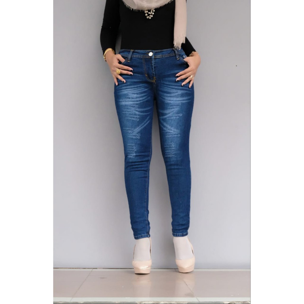 Celana Jeans Panjang Sobek Laser Skinny Wanita Jumbo // Size 27-34