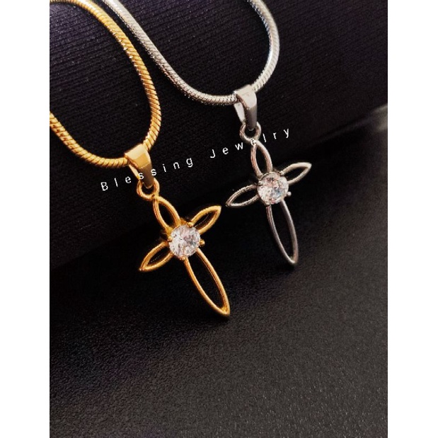 Kalung Salib Permata Titanium Import Emas dan Silver