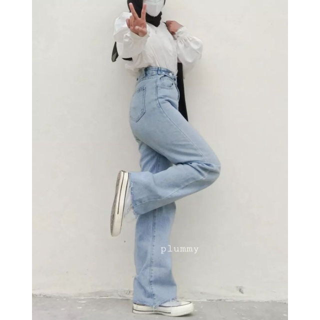 Celana Jeans Wanita Kulot Highwaist Loose Jins Light Blue