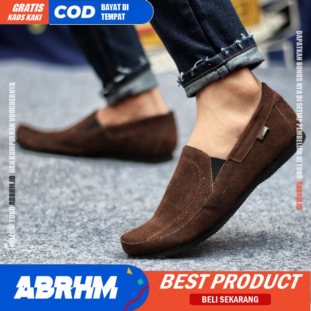 ABRHM X JESTR Sepatu kasual Pria Sepatu Pria Casual Kantor Kerja Kulit Suede Leather Sepatu Slop Anti Slip Sepatu  Kuliah Kondangan Gaya keren Kekinian Murah Terlaris