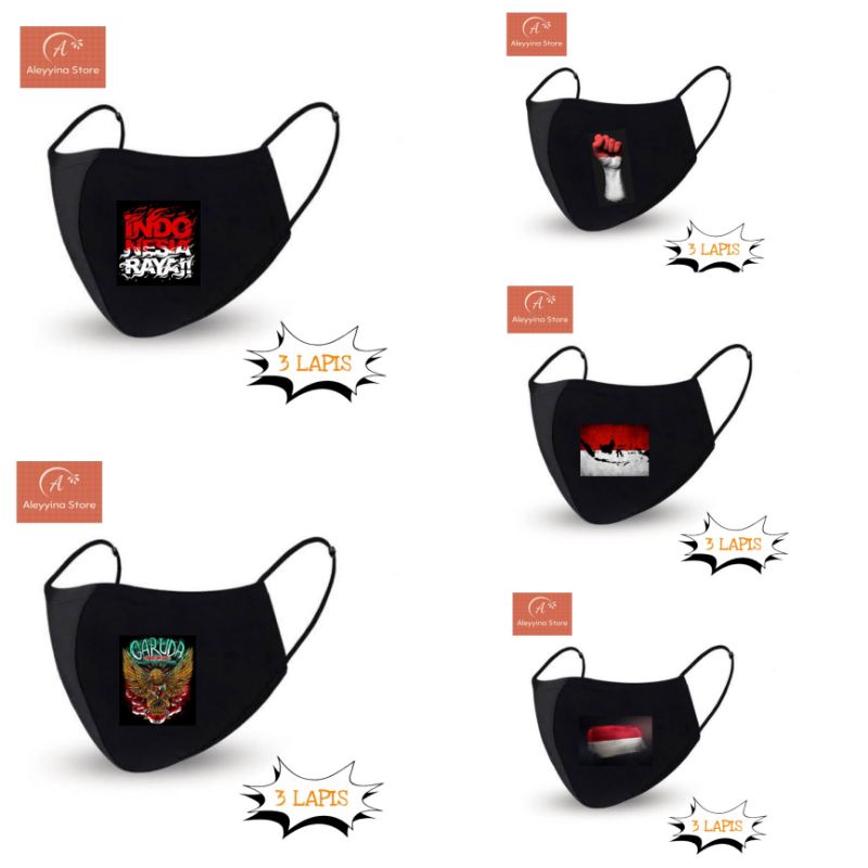 Masker Kain 3ply Merah Putih Edisi Hut RI ke 76 hitam pria wanita dewasa earloop headloop katun