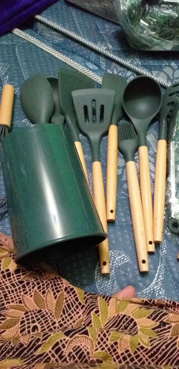 Aigootan - Sutil Wood Set 12 Pcs - Set Sutil Kayu Silikon Silicone Utensil Set Peralatan Masak