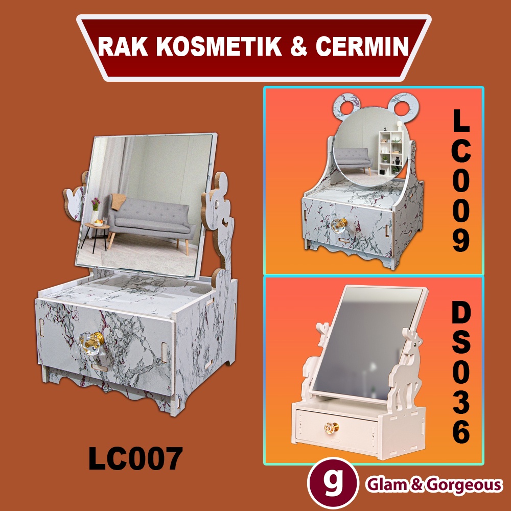 Rak Kosmetik Kayu Kotak Tempat Makeup SkinCare 2 Laci DS023 Tahan Air Bonus Cermin