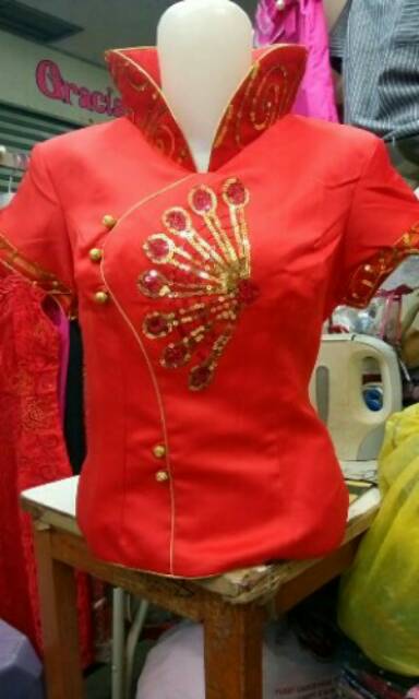 PROMO... Sale Stok..!!! Cheongsam Polos Bordir Lengan Pendek Wanita