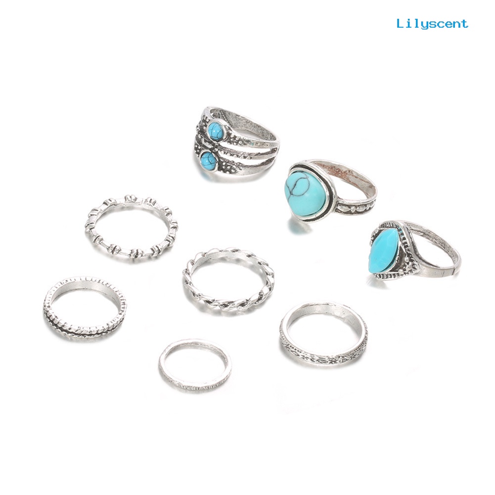 8pcs Cincin Jari Bentuk Lingkaran Aksen Turquoise Imitasi Gaya Retro Bohemian Untuk Wanita