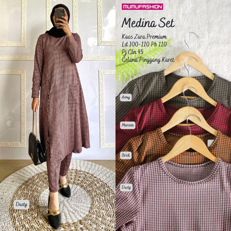 New Setelan Baju Tunik dan Celana Wanita Muslimah Motif Kotak2 MEDINA SET By Fashion Hijab Solo
