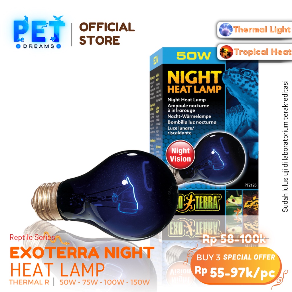 PROMO EXOTERRA NIGHT HEAT LAMP LAMPU PENGHANGAT MALAM REPTIL REPTILE TORTO KURA SULCATA KADAL