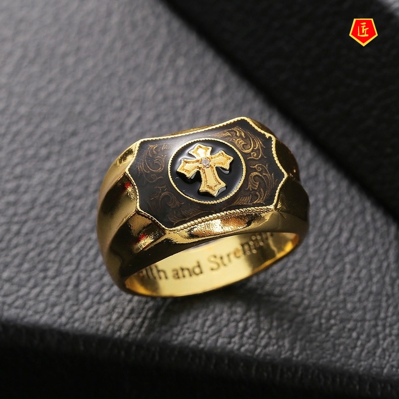 [Ready Stock]Creative Golden Black Agate Cross Faith Ring