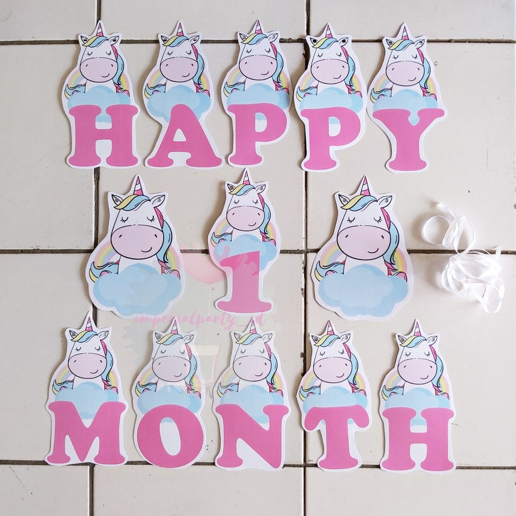 Banner Bunting Flag Happy One 1 Month Bulan Baby Bayi Unicorn Rainbow