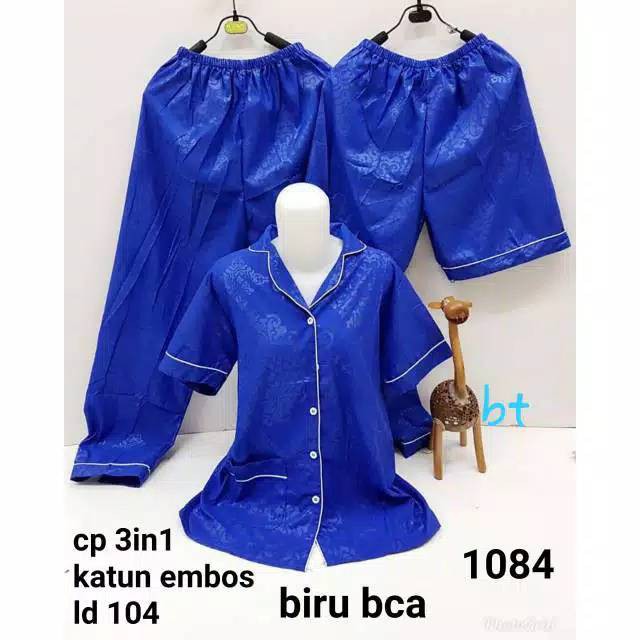 SEASOND IND Piyama/Baju Tidur 3in1 Wanita Dewasa Embos Warna/L Fit to XL ko-Embos Biru BCA