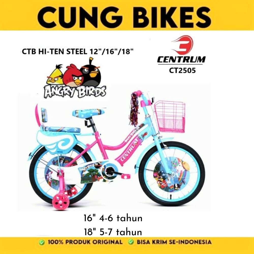 Sepeda Anak Mini Centrum 16 18 Inch (usia 4-8 tahun) ANGRY BIRD Unicorn kuda Pony Keranjang besi