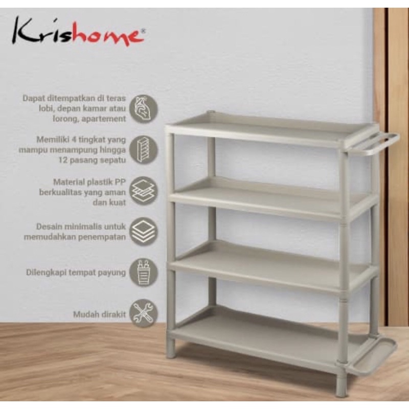 KRISHOME RAK SEPATU 3 &amp; 4 TINGKAT DENGAN TEMPAT PAYUNG/ACE 3 LAYER SHOE RACK W/ UMBRELLA  STAND GREY