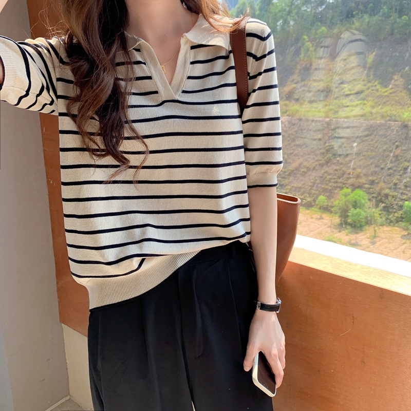 XIAOZHAINV Korean Style Kaos Knit Crop Top Stripe Baju Tunik Atasan Wanita