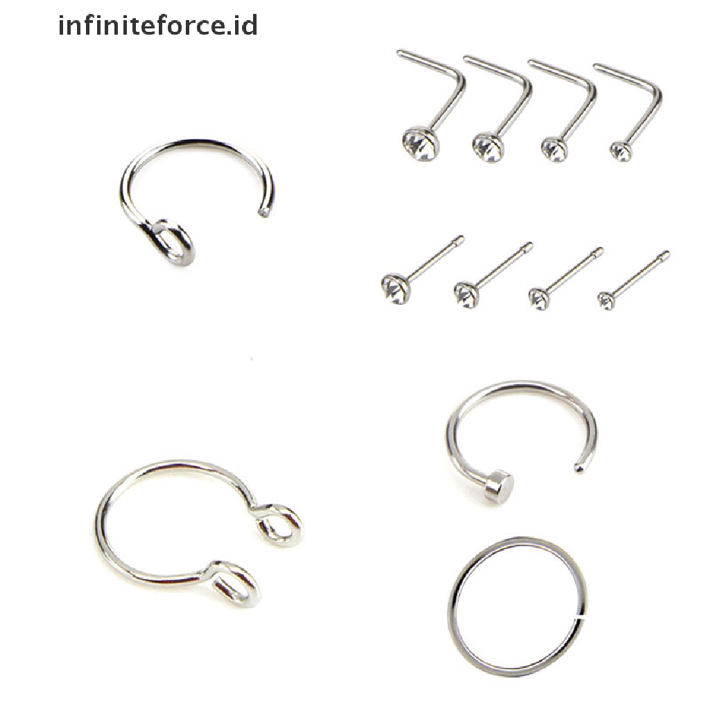 Infiniteforce.id 12pcs / Set Cincin Tindik Hidung / Tubuh Bahan Surgical Steel Hias Kristal