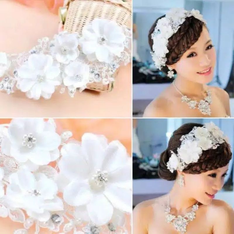 tiara rambut bridal model bunga dengan mutiara dan berlian imitasi