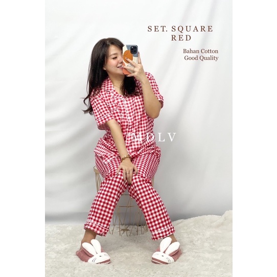 MDLV ~ Baju Tidur Set Square Red CP Baju tidur Piyama Dewasa Celana Panjang Fashion Wanita