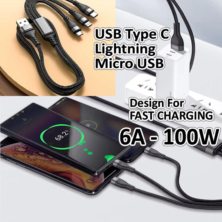OPPSELVE Kabel Charger 3in1 Micro + Lightning + USB Type C  1,2 Meter 6A Fast Charging Cable Data Split Kabel Data USB  3 in 1 USB Type C Cable for Xiaomi Samsung 5A Fast Charging Data Cable for iPhone 11 Pro Phone Charger Micro USB C Cable