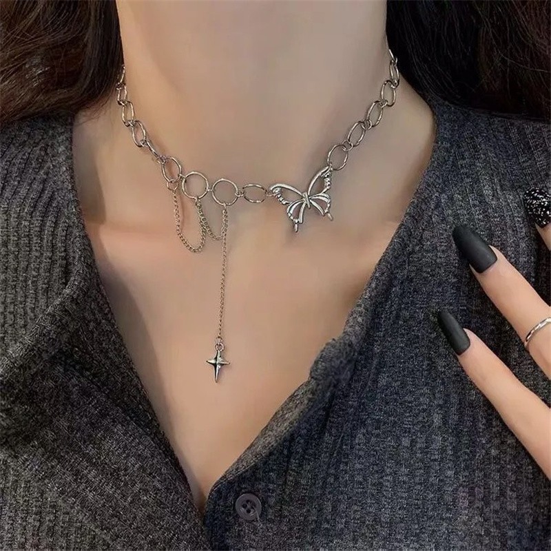 [ACKER] Kalung choker kupu-kupu lapis perak lucu yang modis Untuk Wanita