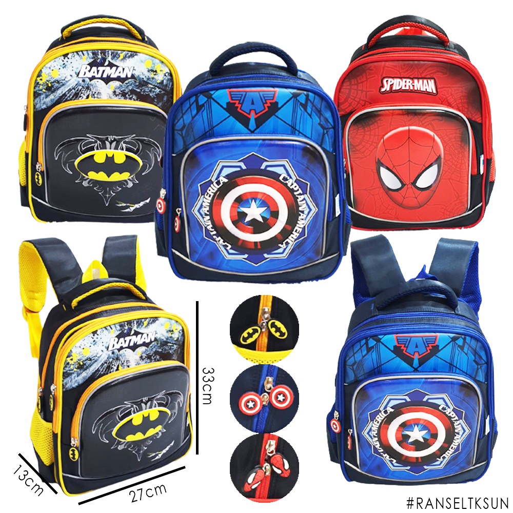 TAS RANSEL SEKOLAH TK ANAK LAKI LAKI  GAMBAR KARTUN JAGOAN BINTANG EMBOS 3Resleting Karet IMPORT ( Sun Cowo 13&quot; )