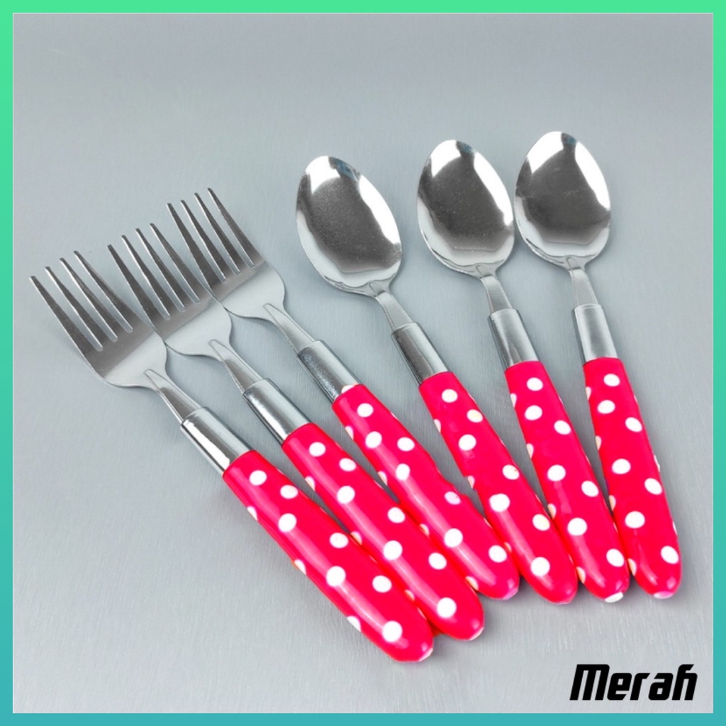 Sendok Makan Set Garpu Motif Polkadot Peralatan Makan Lengkap Merah Pink Ungu Worldhome66