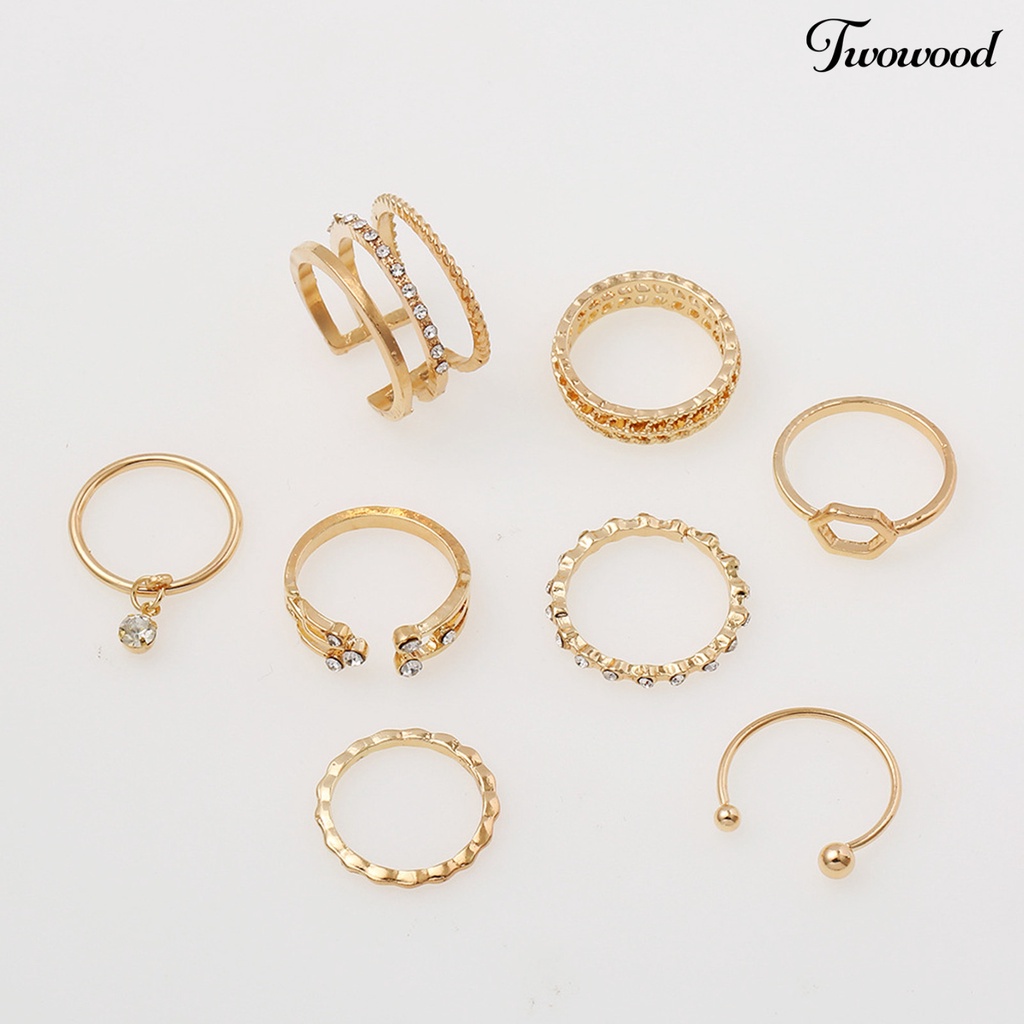 8pcs Cincin Berlian Imitasi Bentuk Heksagonal Geometris Untuk Wanita