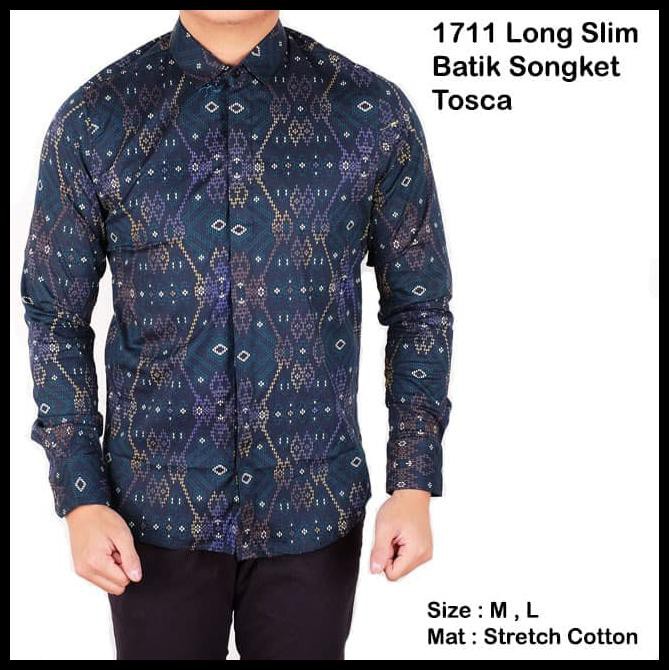 ezg4 kemeja lengan panjang pria batik songket tosca slimfit / baju batik - putih, m a5zr
