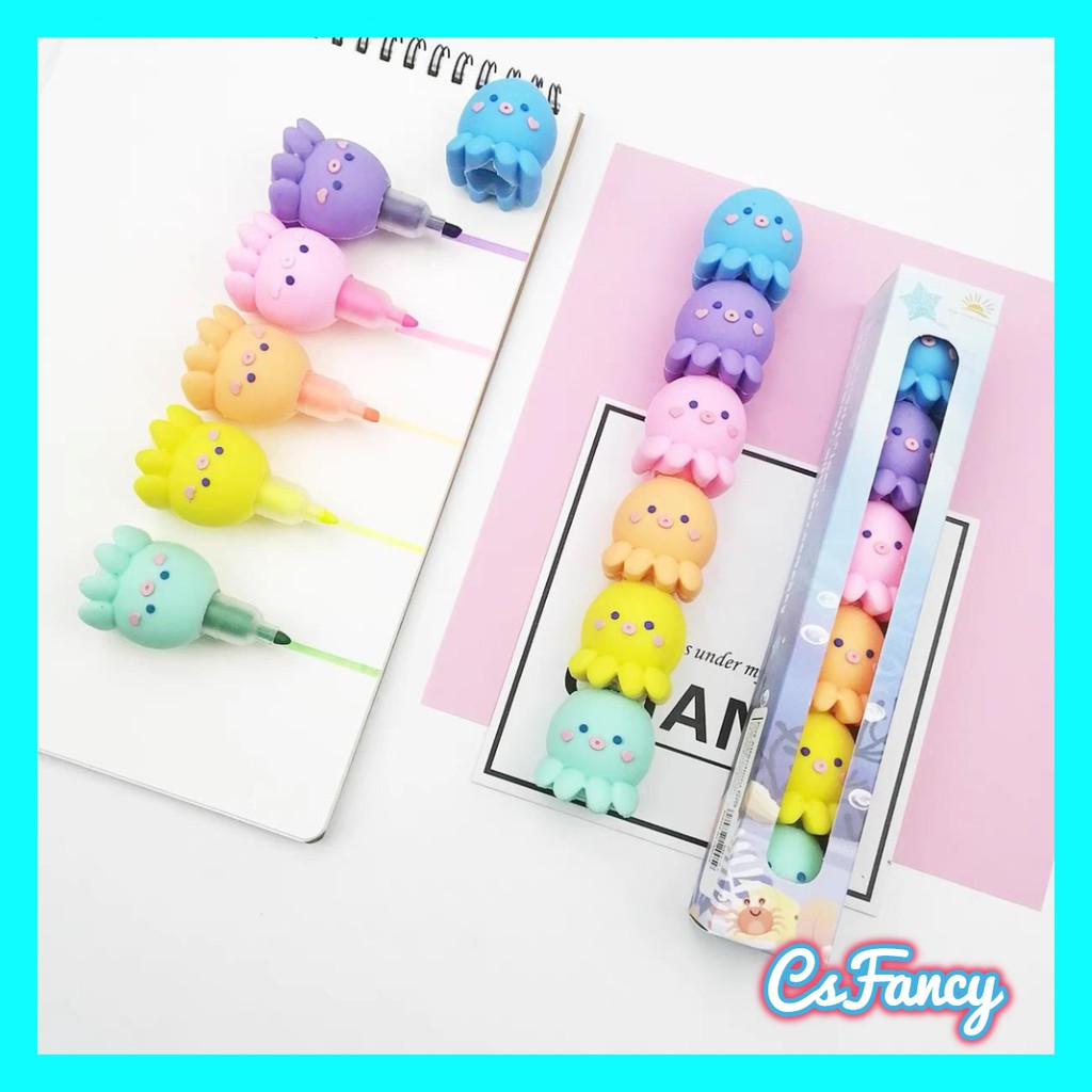 stabilo 1 set isi 6 pcs stabilo motif binatang gurita imut lucu murah