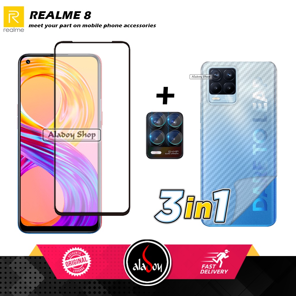 PAKET 3 IN 1 Tempered Glass Layar Realme 8 2021 Free Tempered Glass Camera dan Skin Carbon 3D