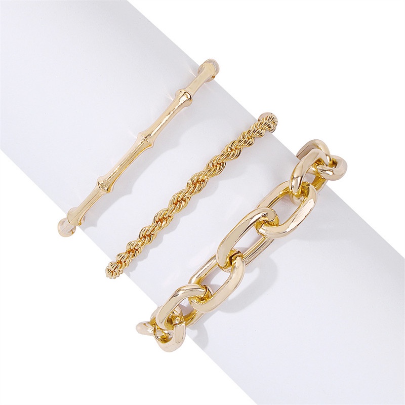 3pcs / Set Gelang Rantai Multilayer Bahan Bambu Tebal Warna Emas Untuk Wanita