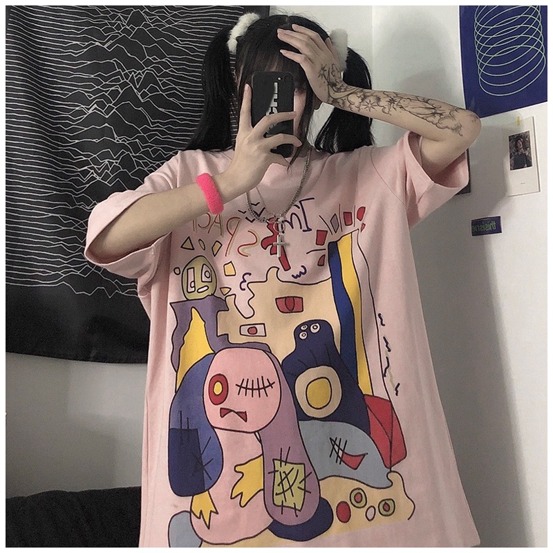 KBS-114 kaos oversize full print cartoon abstrak colorfull t-shirt import korea jepang