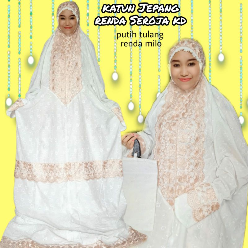 Mukena Terusan Katun Jepang Premium Adem Full Bordir dan Renda KD Warna Putih dan Putih Tulang Best 