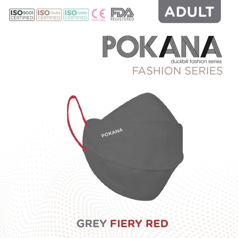 [ ECER / SATUAN - FASHION SERIES ] Pokana Duckbill Earloop Medical Mask 4PLY Masker Dewasa Eceran-Grey - Tali Red