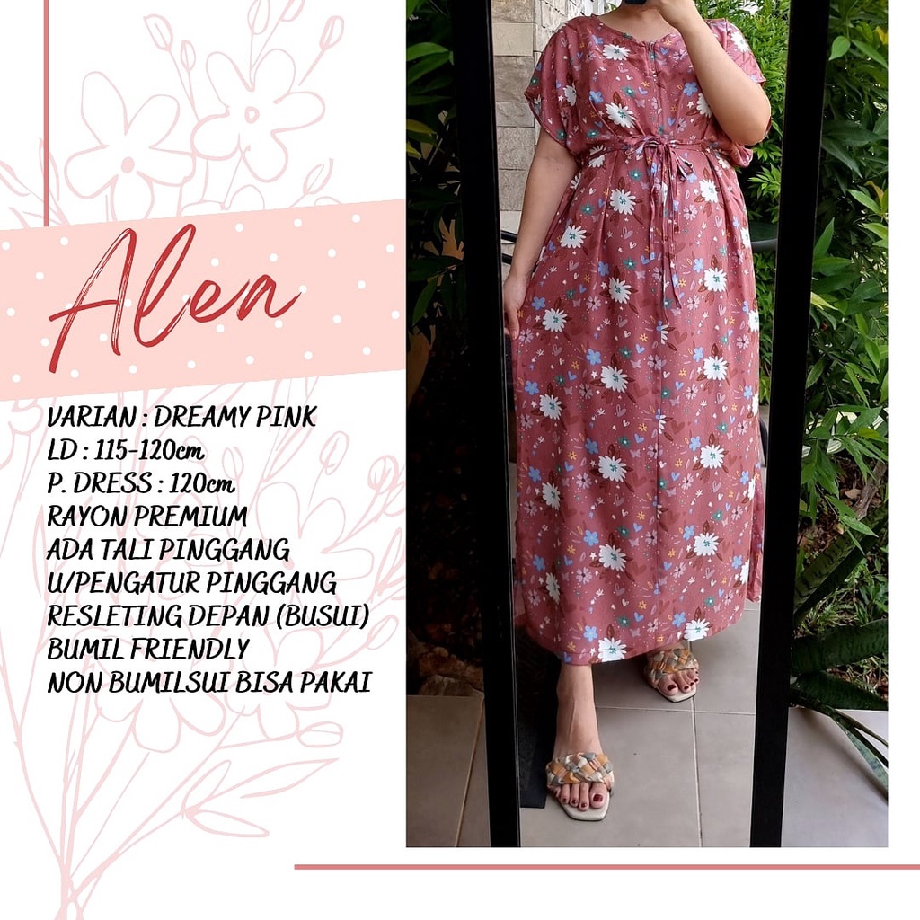 produk 2 Alea 120cm daster rayon jumbo bumil busui friendly adem resleting depan semata kaki-Dreamy pink