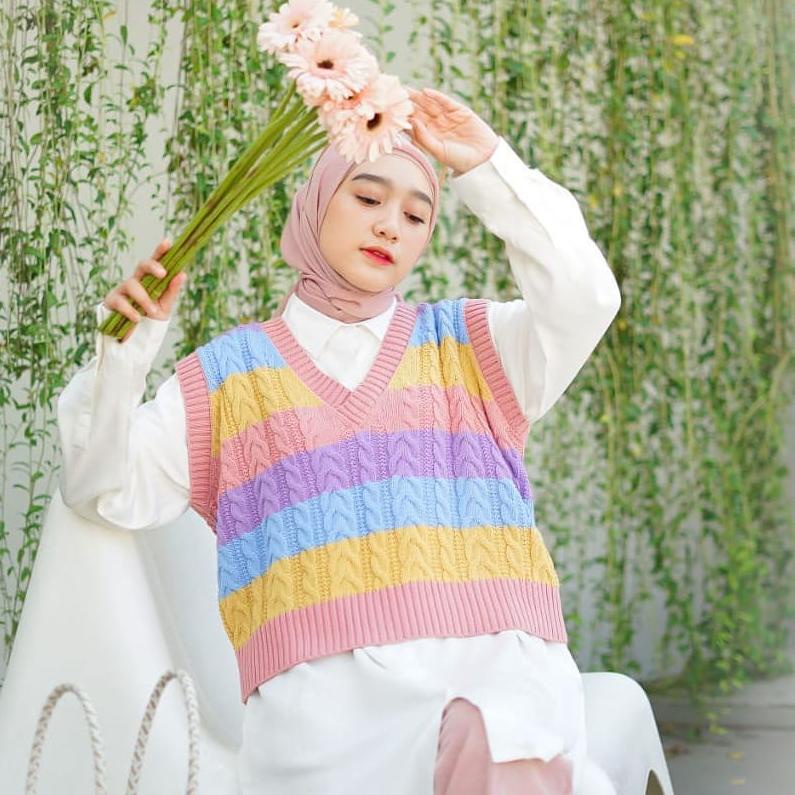 [TMP.10Jn22ᴿ] Candy Cable Vest Rompi Rajut Wanita / Vest Cable Rainbow / Rompi Rajut Wanita Warna Pe