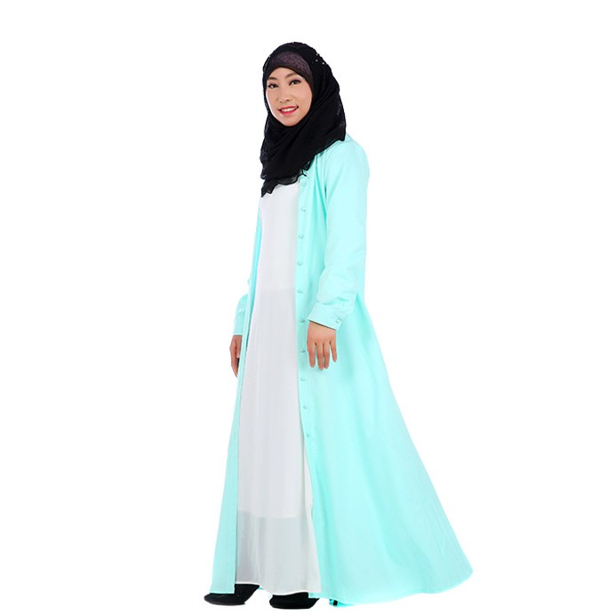 Fashion Wanita: Long Dress Muslim Lengan Panjang dengan Kancing, Warna Polos