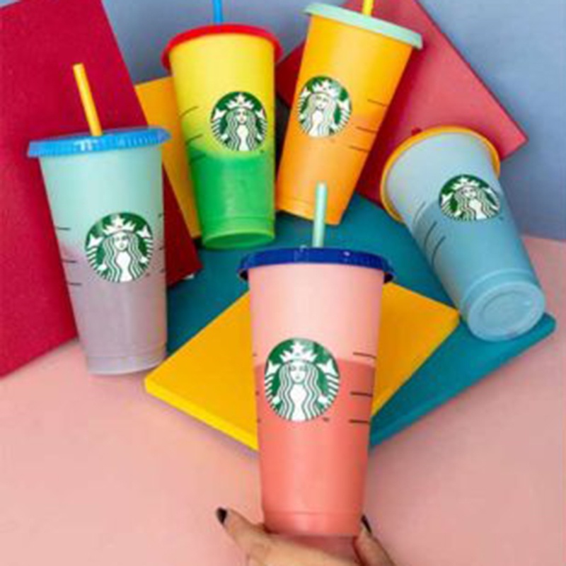 Cangkir Minum Desain Starbucks Bahan Plastik, Dapat Berganti Warna, 24oz