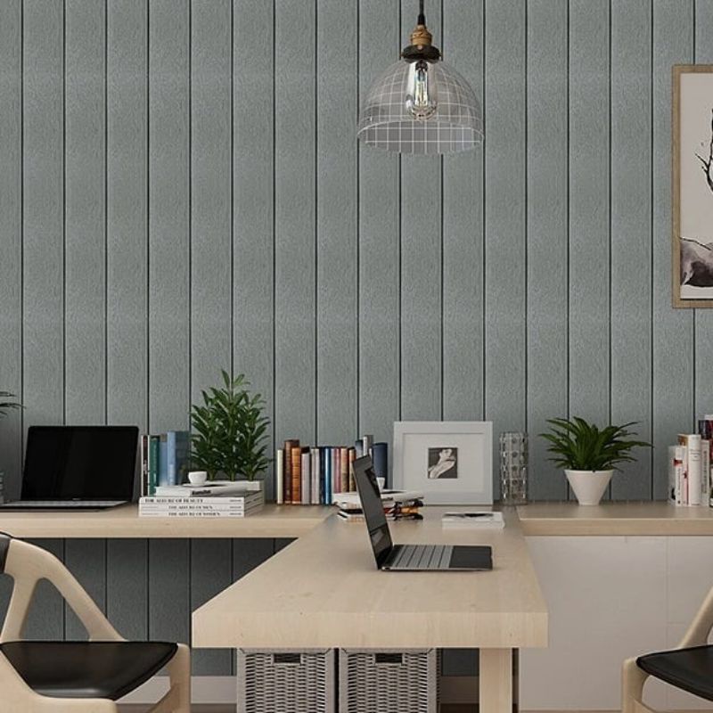 wallpaper sticker foam premium permukaan timbul motif kayu papan abu silver