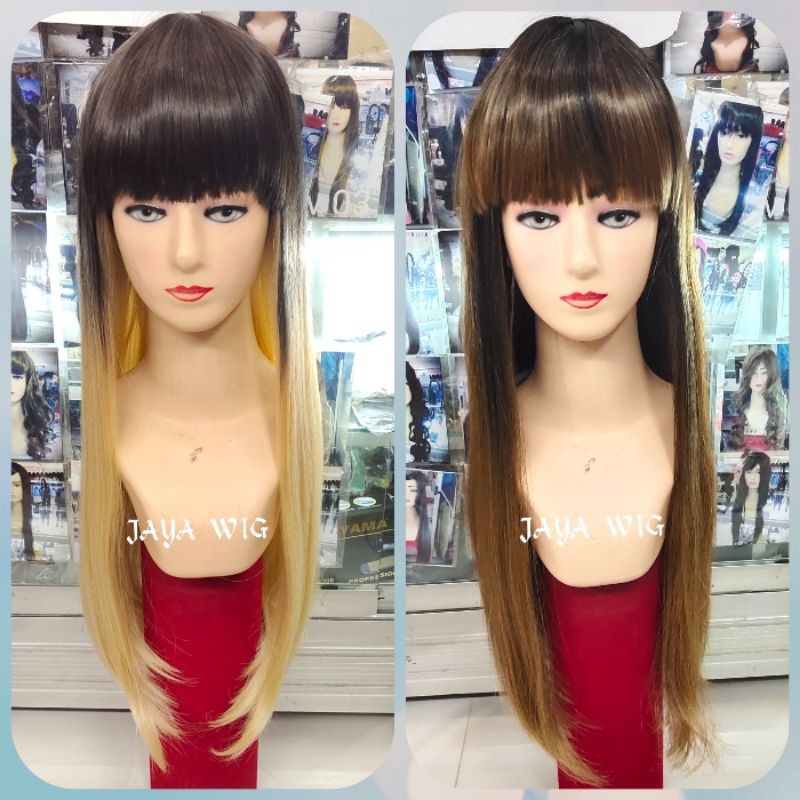 Wig Rambut Palsu Lurus Panjang Poni Depan Warna Ombre Bahan Sintetis Fiber Yang Bisa Cuci Catok